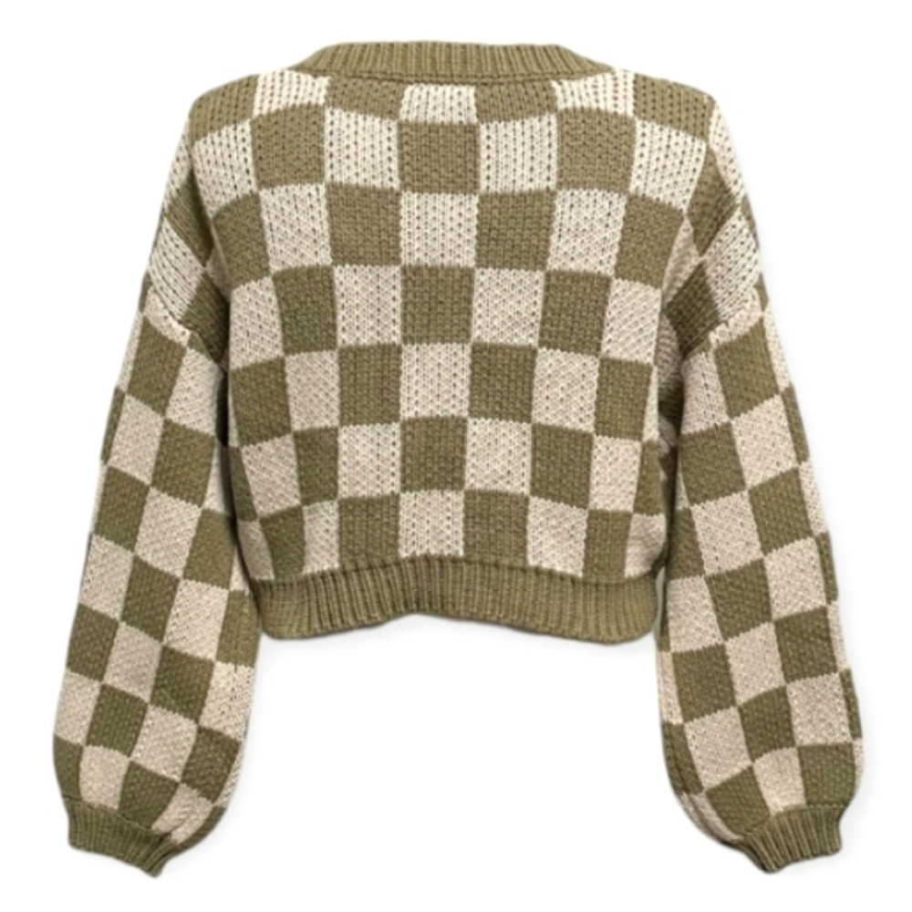 AFTER SCHEX Puff Balloon Sleeve Check Chunky V-Neck Crop Oversized Sweat… - Picture 9 of 12